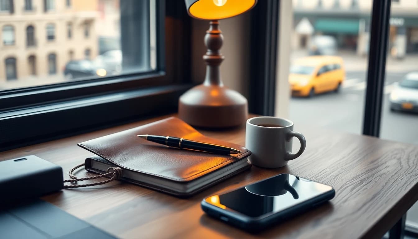A freelancer’s desk with a notebook, pen and mug beside a window, for a guide to UK contractors with US clients