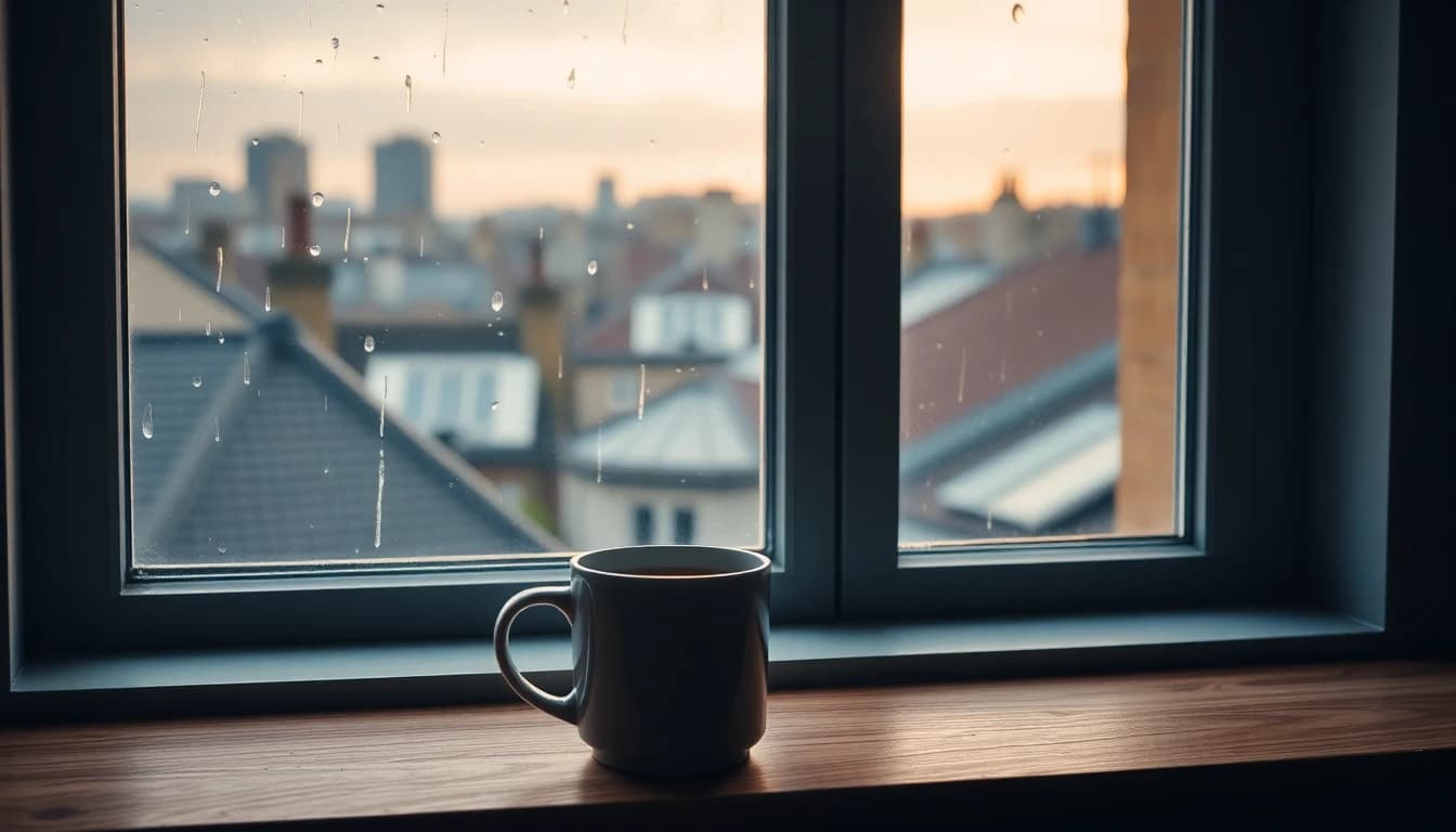 A mug on a windowsill above rainy London rooftops at dawn, for a guide to UK dividends on a US tax return