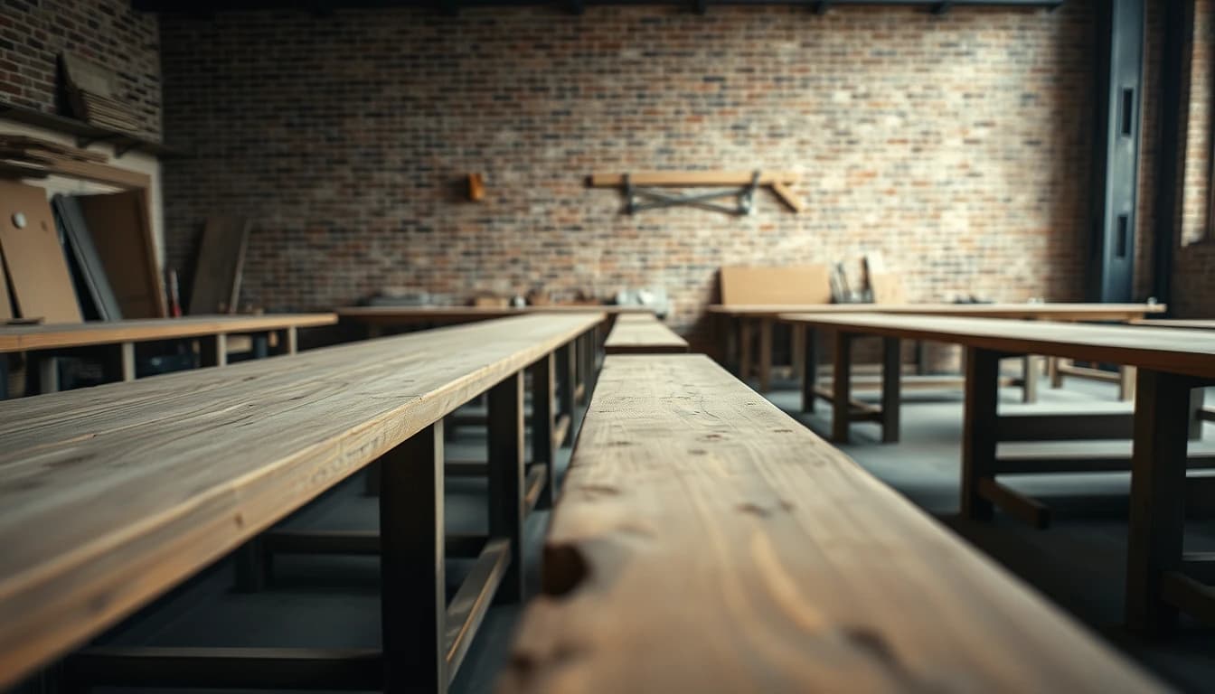 A row of identical bare wooden workbenches in an empty workshop, illustrating a British company sold to its staff through an employee ownership trust.