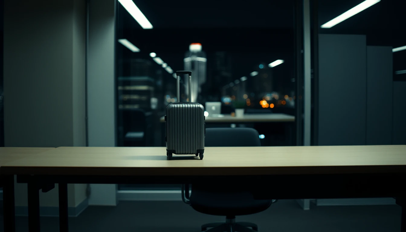 A cabin suitcase standing beside an empty desk in a darkened office at night, illustrating the travel days that drive employment income apportionment between the UK and US.