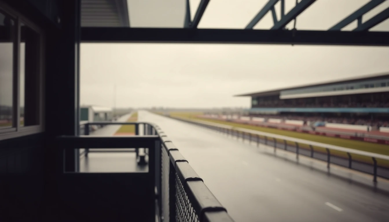 An empty grandstand rail overlooking a wet racecourse on a grey afternoon