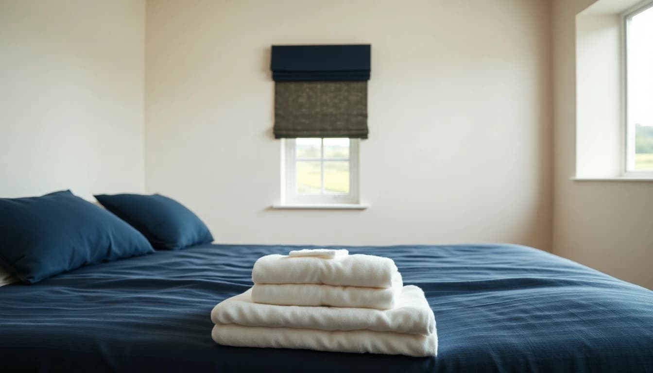 A made-up bed and folded towels in a country cottage, for a guide to UK holiday lets and US tax