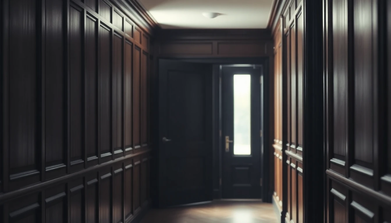 A dark wood-panelled corridor in a traditional professional office