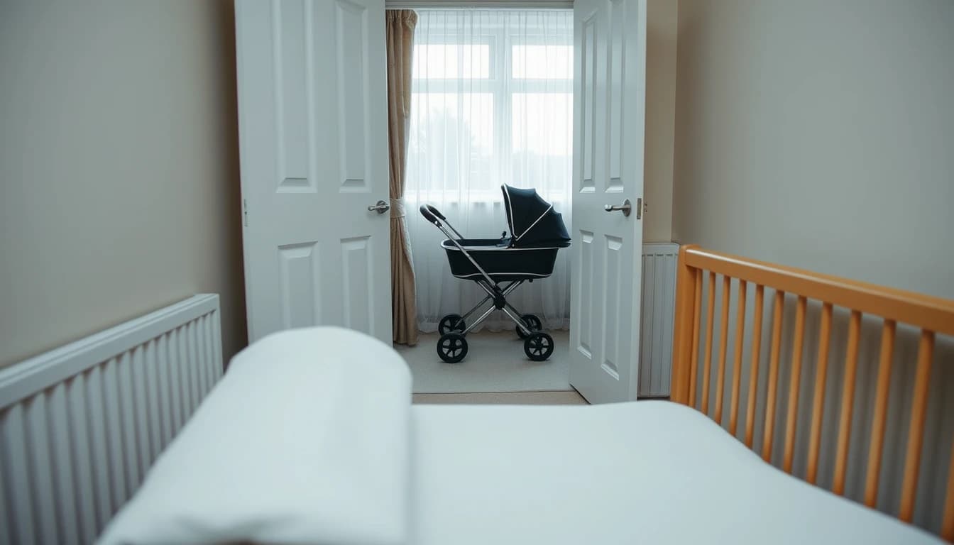 An empty wooden cot in a quiet British nursery with a pram parked in the doorway beyond, illustrating a maternity year and its US tax consequences.