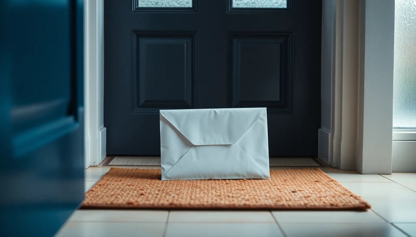 An unopened plain white envelope resting on a doormat inside a British front door