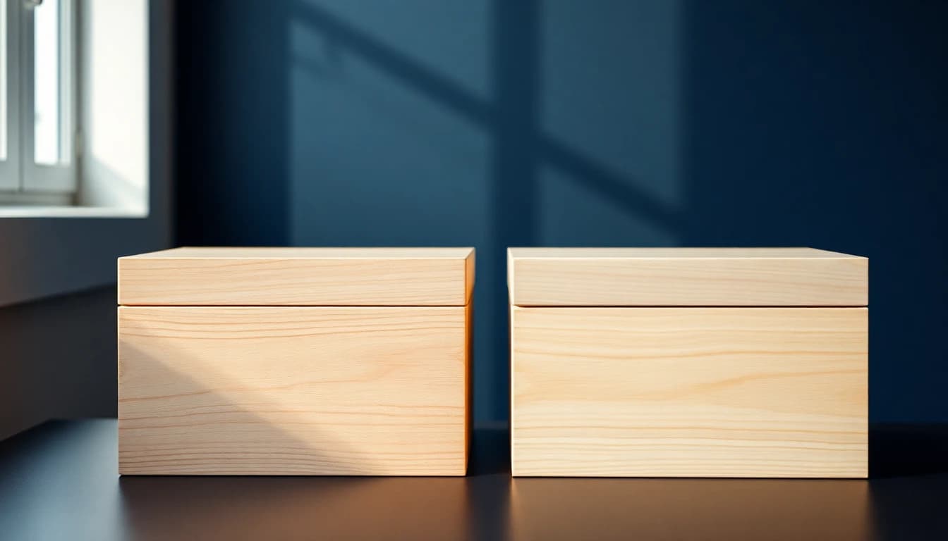 Two identical plain wooden boxes side by side in window light, one lit and one in shadow, illustrating two near-identical funds split by UK reporting fund status.