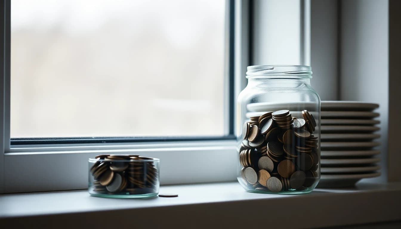 A glass jar of loose coins on a kitchen windowsill beside a stack of plain saucers