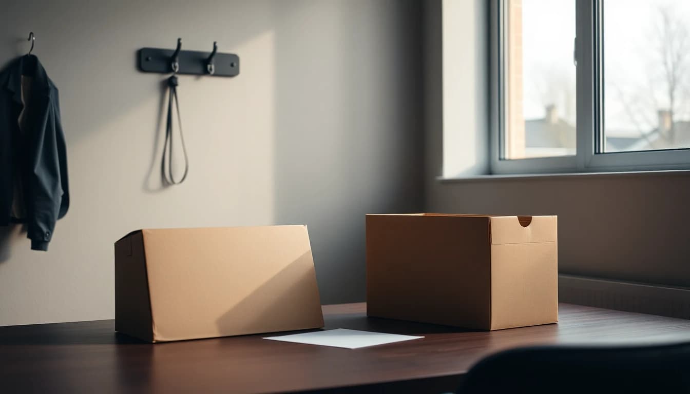 An emptied desk with cardboard archive boxes and a coat left on a wall hook