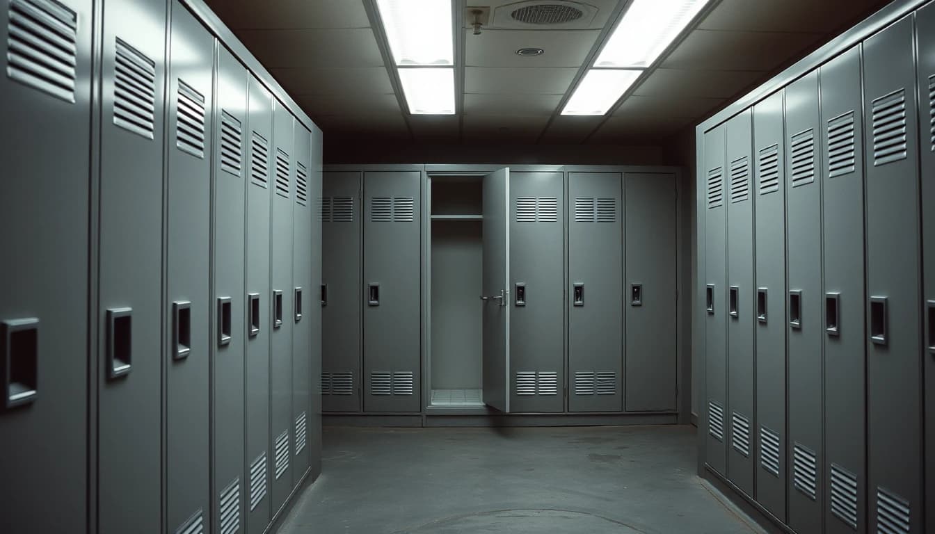A row of identical grey staff lockers in a workplace corridor with one door standing open, illustrating employee shares held in a UK share incentive plan.