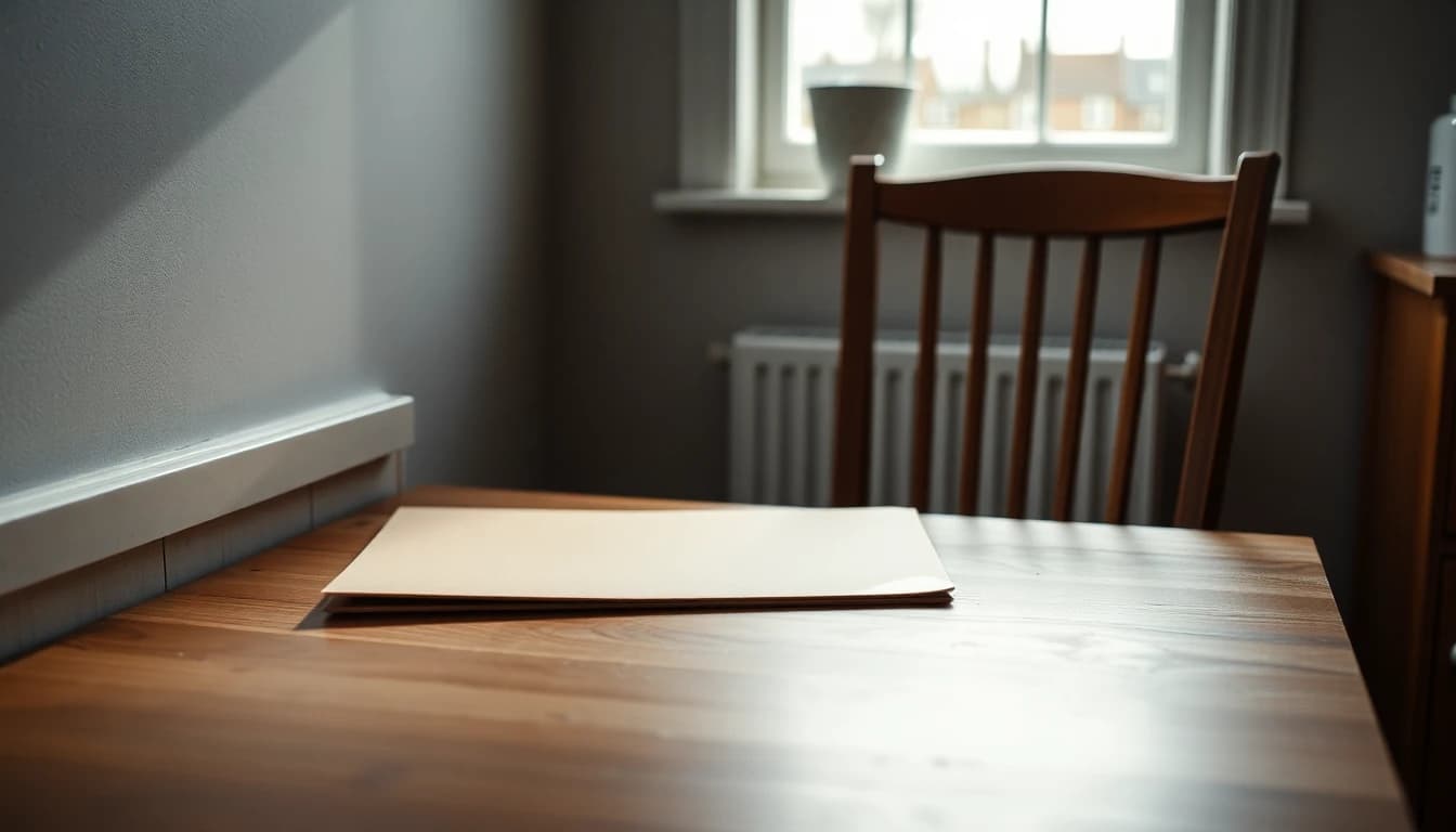 Plain buff folder lying closed on a wooden kitchen table beside an empty chair
