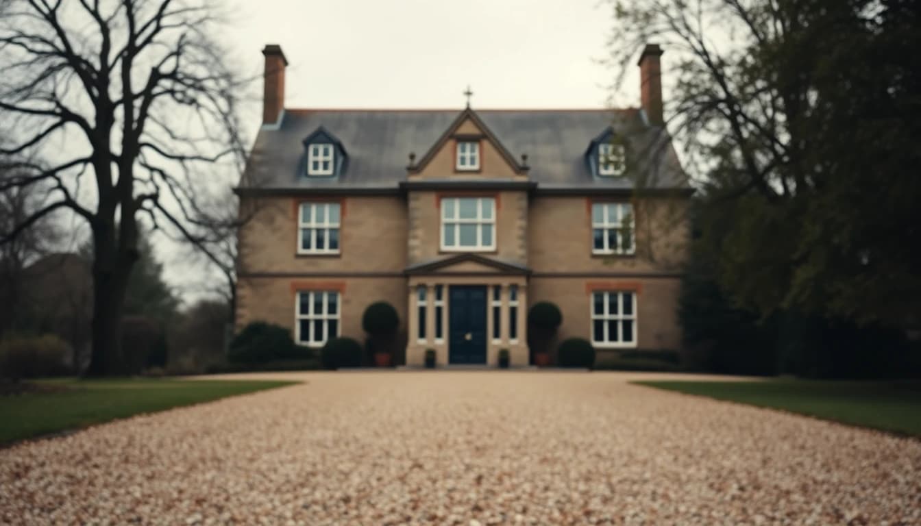 An old English country house seen across a gravel drive on an overcast afternoon