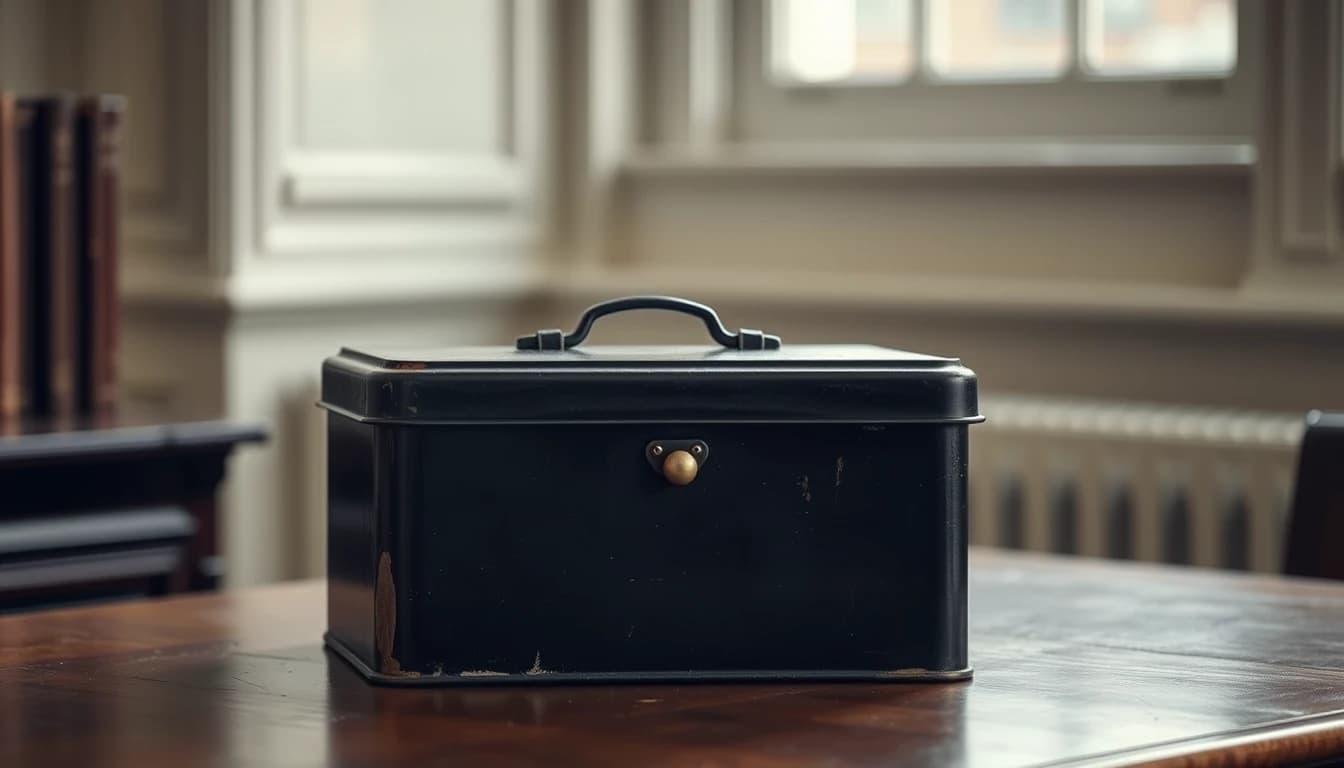 An old black japanned deed box closed on a solicitor's desk, illustrating the everyday family arrangements that fall inside the UK trust registration rules.