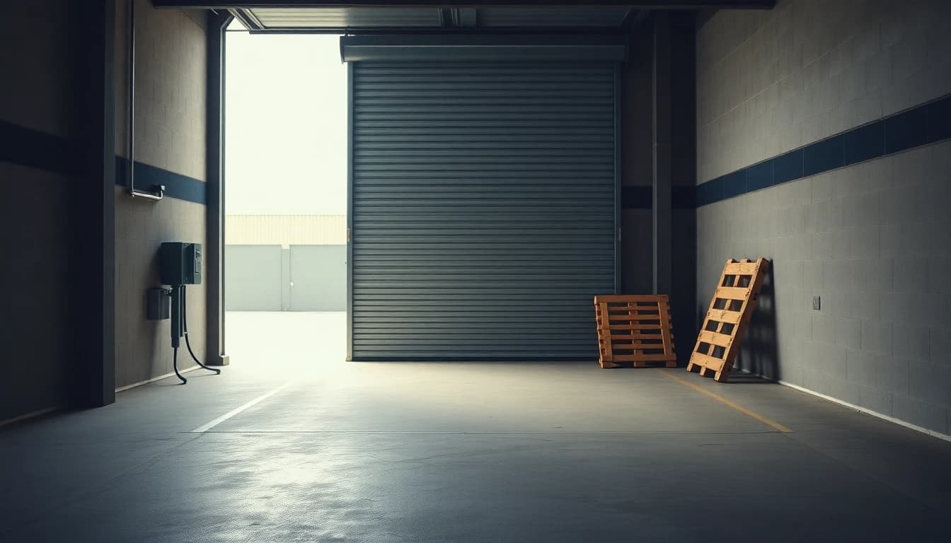 An empty loading bay in a small British industrial unit with the shutter half raised