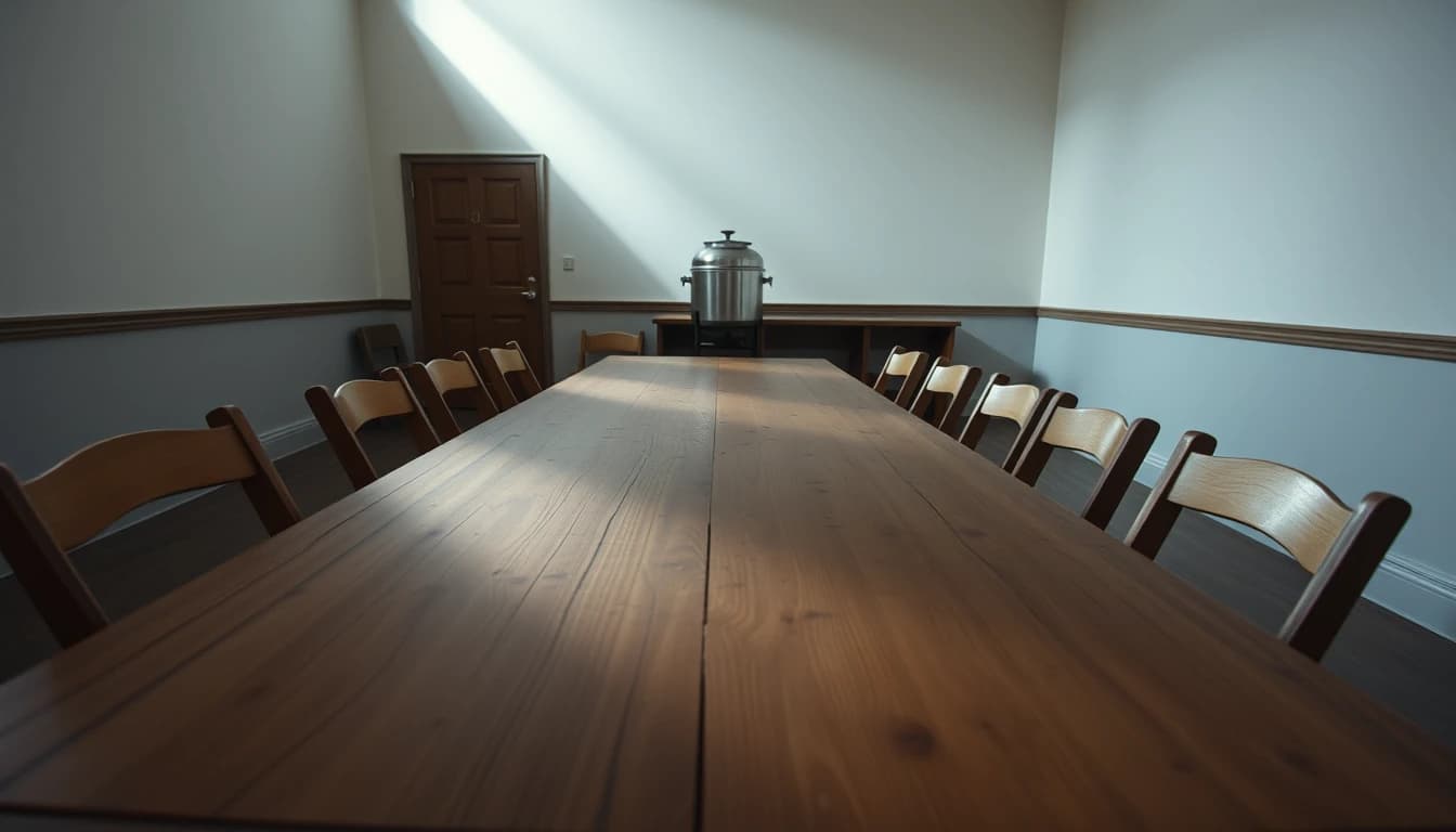 An empty village hall committee table with wooden chairs and a tea urn behind, illustrating the unpaid UK charity trustee role that creates US reporting duties.