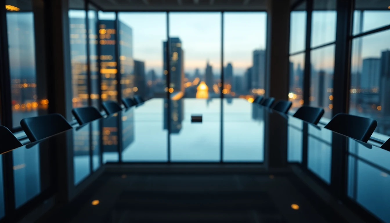 An empty glass meeting table in a modern office with city lights beyond