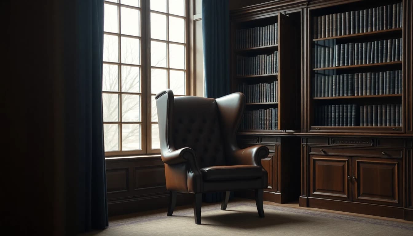 An empty leather wingback chair beside a tall bookcase in a panelled study