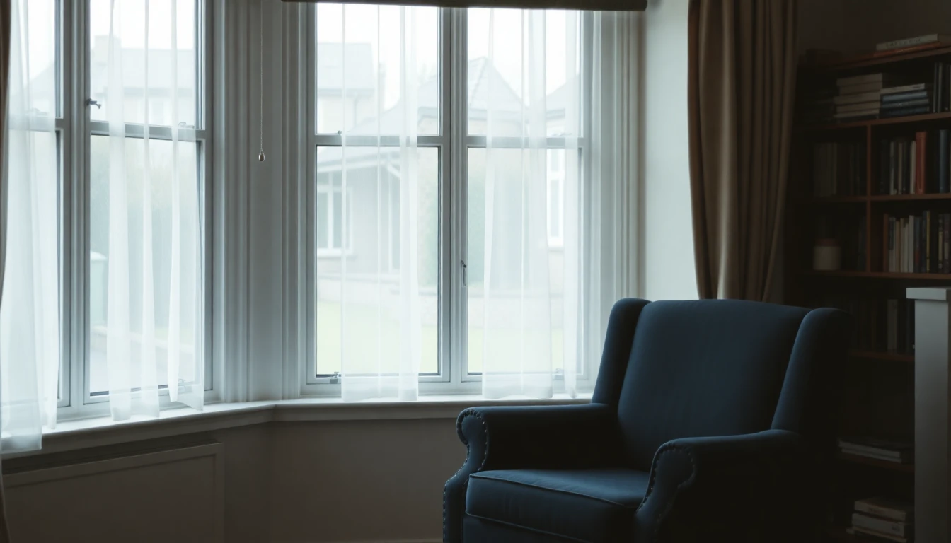 A single empty armchair beside a bay window in the front room of an older house