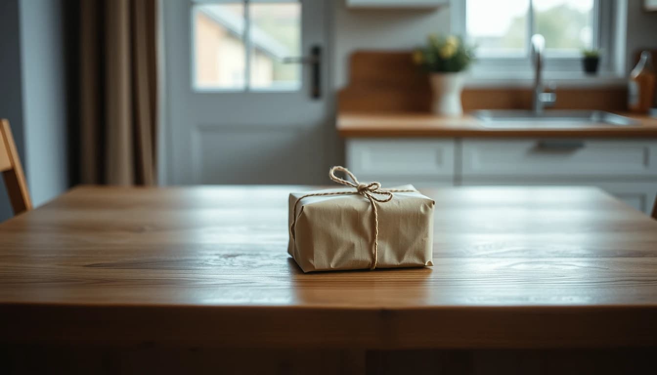 A single gift wrapped in plain brown paper and string sitting alone on a kitchen table, illustrating a lifetime gift that triggers US gift tax reporting for an American in Britain.