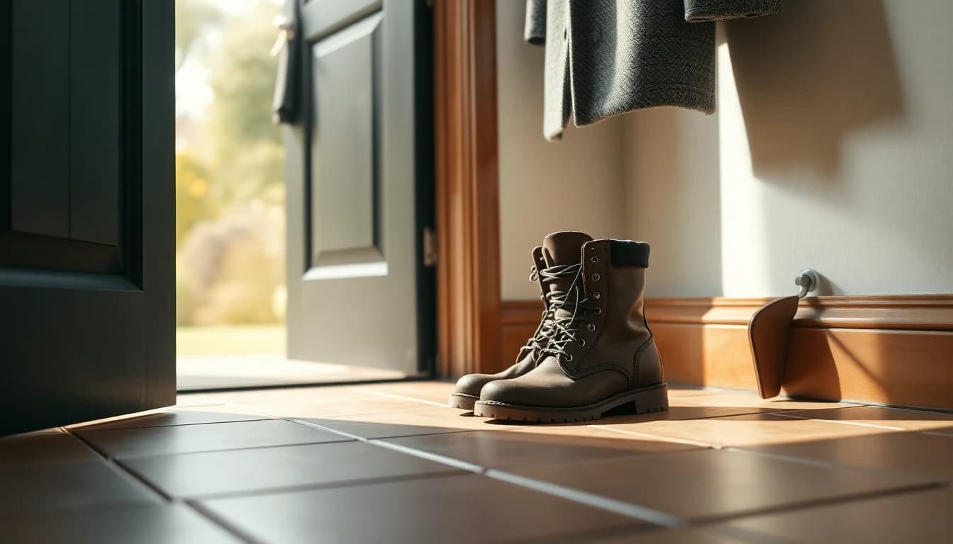Walking boots by a back door onto a British garden, for a guide to US retirement accounts in the UK