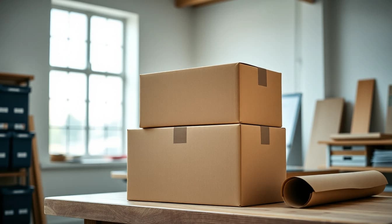 Plain cardboard shipping boxes on a workshop bench, for a guide to US sales tax for UK online sellers