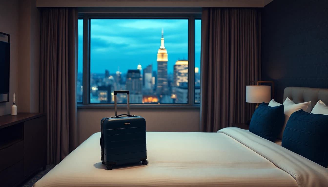 A suitcase in a hotel room overlooking the Manhattan skyline at dusk, for a guide to tax on a US secondment