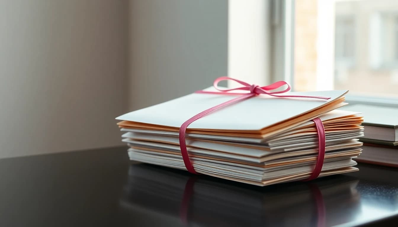 A bundle of closed buff folders tied with pink legal ribbon on a dark desk