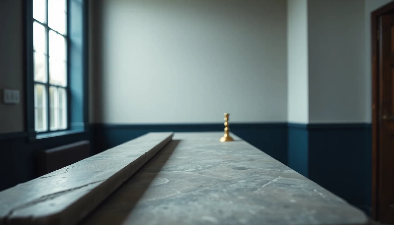 A bare stone mantelpiece empty apart from a single brass candlestick