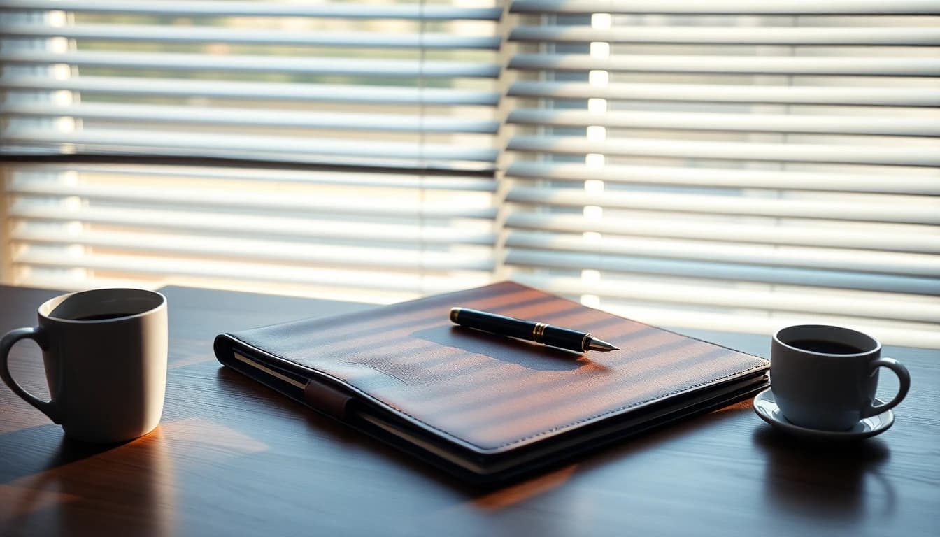 Early morning light through venetian blinds falling across a desk with a closed document folder, a fountain pen and a cup of coffee