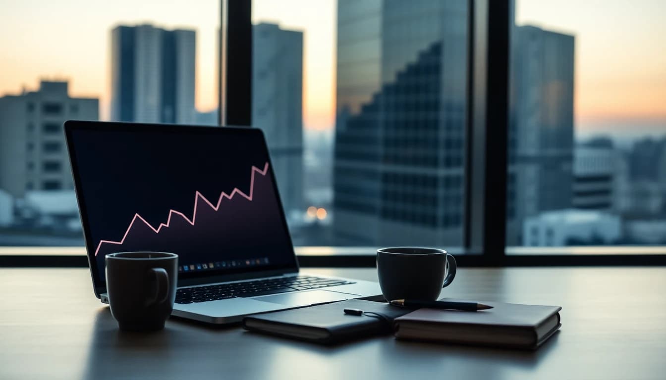A laptop showing a rising share price chart on a desk beside an office window at dusk, with a coffee cup and a closed notebook