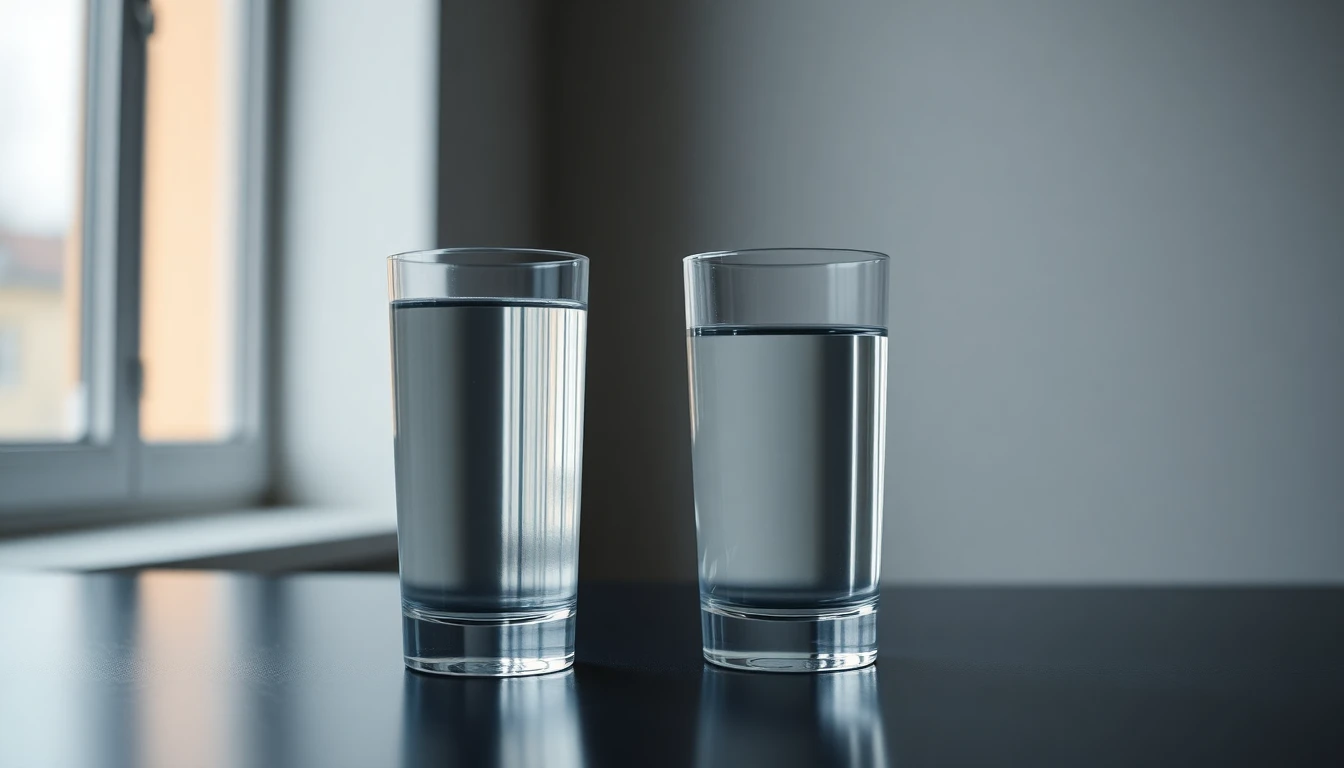 Two identical glass tumblers side by side, one nearly full and one half full