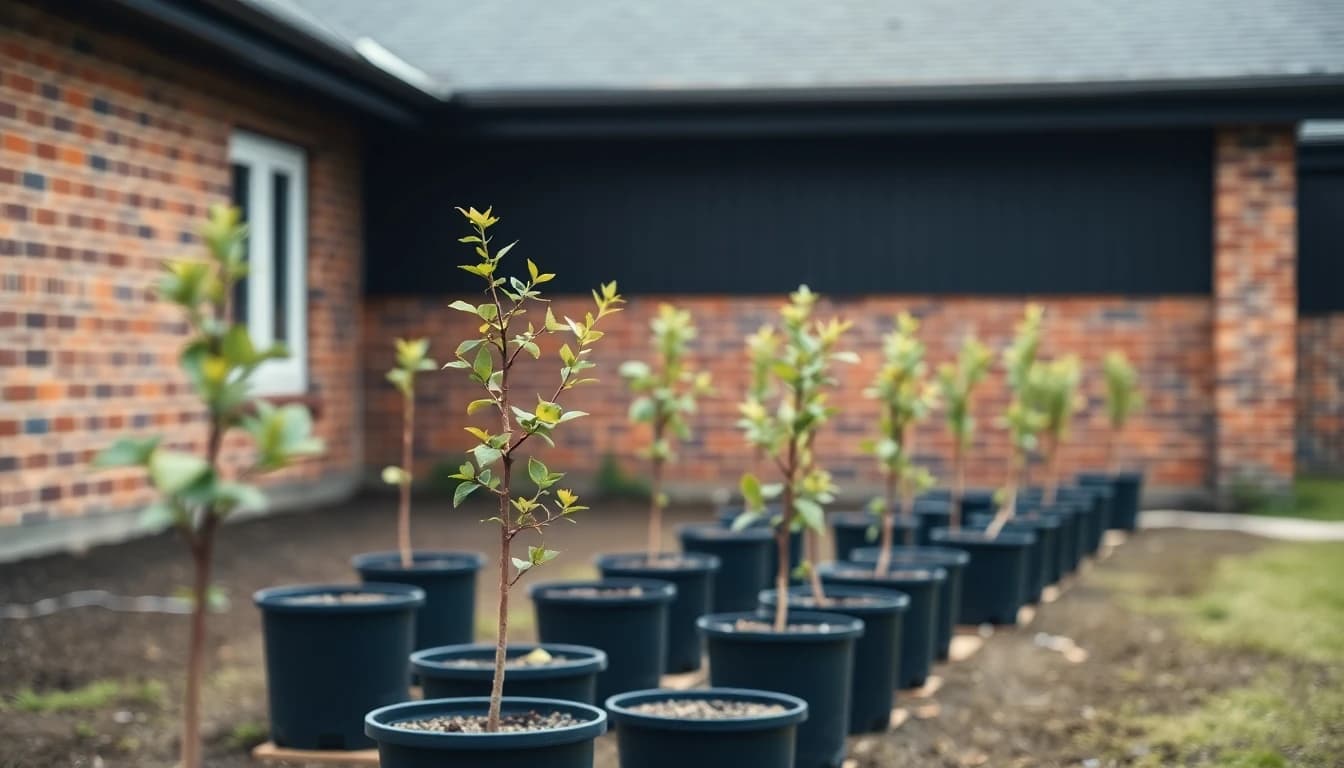 A row of young saplings in black nursery pots lined up against a brick wall