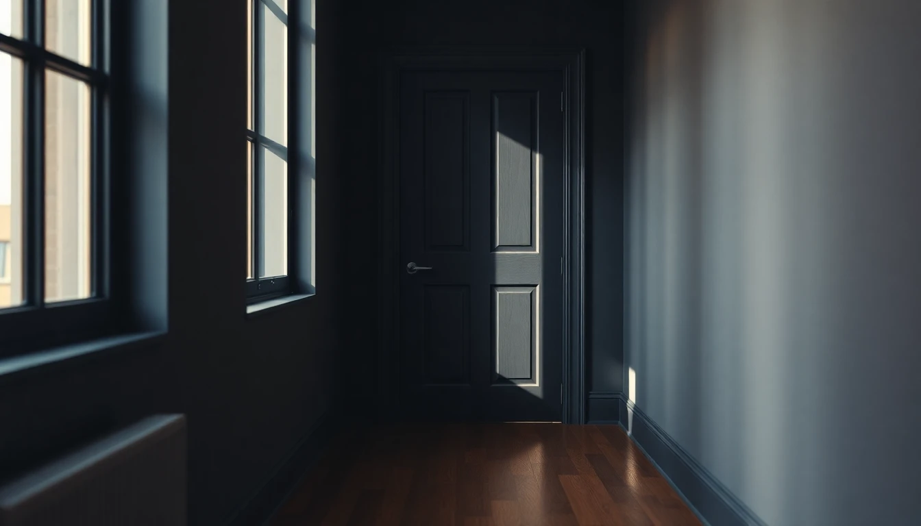 A heavy panelled door standing slightly ajar at the end of a dim corridor