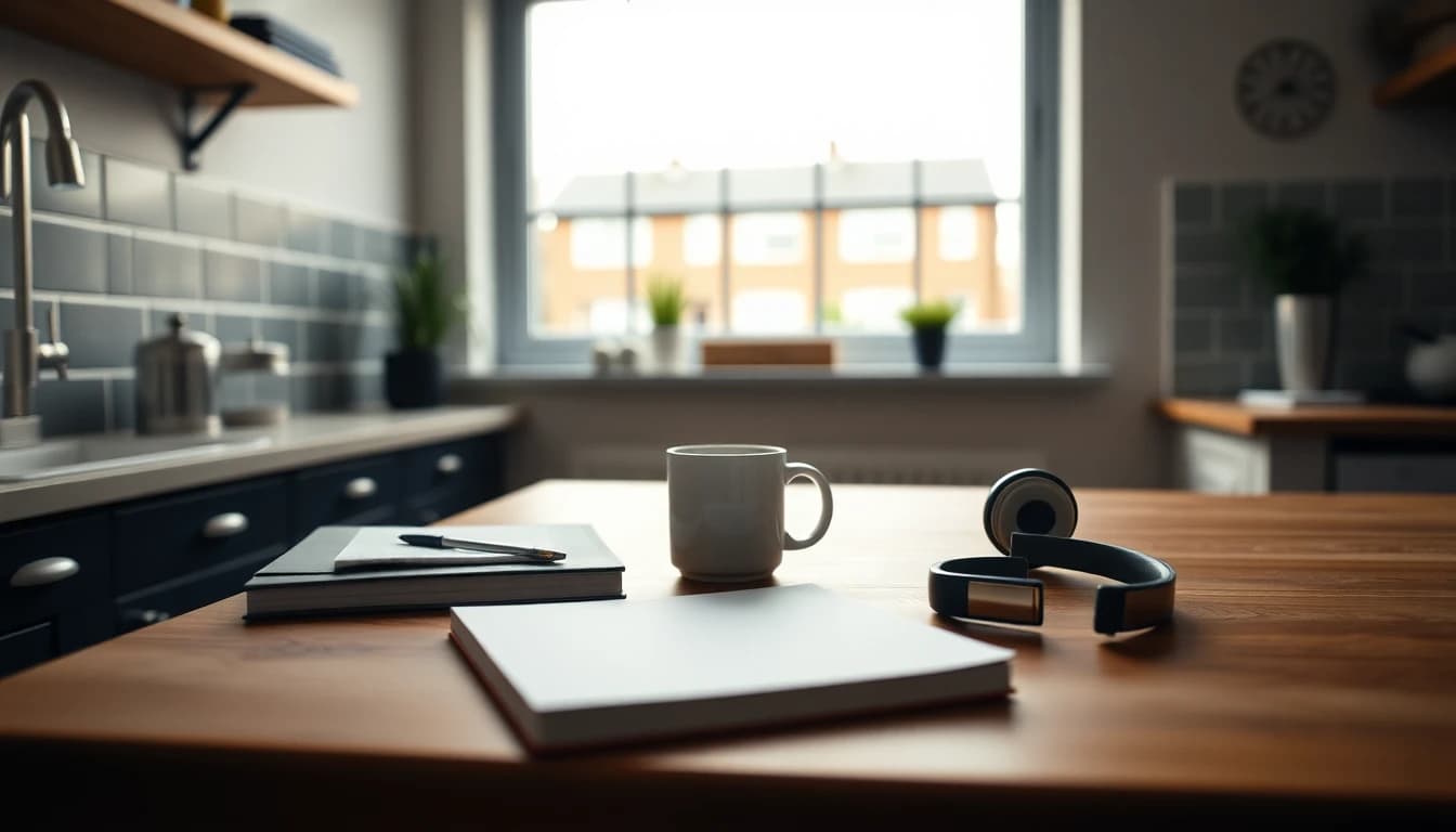 A kitchen table set up as a home workspace, for a guide to working remotely from the UK for a US employer